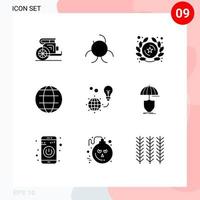 Pictogram Set of 9 Simple Solid Glyphs of light protection insignia world internet Editable Vector Design Elements