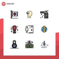 9 User Interface Filledline Flat Color Pack of modern Signs and Symbols of journey flying mind balloon zippo Editable Vector Design Elements