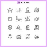 16 User Interface Outline Pack of modern Signs and Symbols of sun beach battery medal badge Editable Vector Design Elements