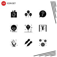 9 User Interface Solid Glyph Pack of modern Signs and Symbols of kite child mark spring lamb Editable Vector Design Elements