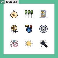 conjunto de 9 iconos de interfaz de usuario modernos signos de símbolos para elementos de diseño de vector editables de certificado de calidad de encuadre mundial de navegación