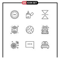 Group of 9 Modern Outlines Set for bag globe flip earth printing Editable Vector Design Elements