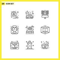 Mobile Interface Outline Set of 9 Pictograms of email communication smart chat communication Editable Vector Design Elements