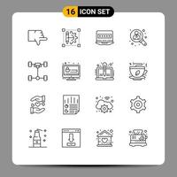 conjunto moderno de 16 contornos y símbolos, como elementos de diseño de vectores editables de seguridad de gestión de configuración automática de usuarios