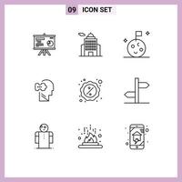 Group of 9 Outlines Signs and Symbols for cyber discount flag solving mind Editable Vector Design Elements