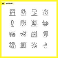 Set of 16 Modern UI Icons Symbols Signs for microphone broadcast desk audio management Editable Vector Design Elements