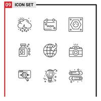 Modern Set of 9 Outlines Pictograph of globe tablet electric medicine socket Editable Vector Design Elements