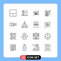 Universal Icon Symbols Group of 16 Modern Outlines of record cam hand fan speaker loud Editable Vector Design Elements