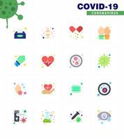 conjunto de iconos de prevención de coronavirus 16 iconos de color plano, como la seguridad de los guantes, la mano del paciente, la cápsula abierta, el coronavirus viral 2019nov, los elementos de diseño del vector de enfermedad