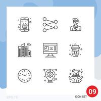 Set of 9 Commercial Outlines pack for construction architecture man skyscraper building Editable Vector Design Elements