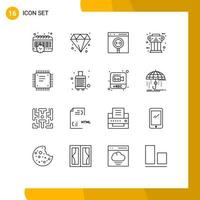 Mobile Interface Outline Set of 16 Pictograms of circuit board history coding column pillar Editable Vector Design Elements