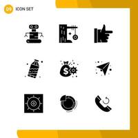 Pack of 9 Modern Solid Glyphs Signs and Symbols for Web Print Media such as gear cash done business waste Editable Vector Design Elements