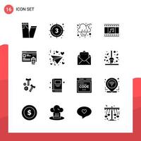 paquete de 16 iconos de glifos universales para medios impresos sobre fondo blanco vector