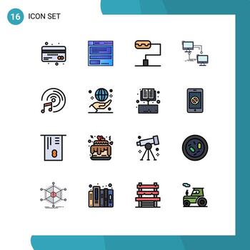 Set of 16 Commercial Flat Color Filled Lines pack for multimedia cd disk code computer connection Editable Creative Vector Design Elements