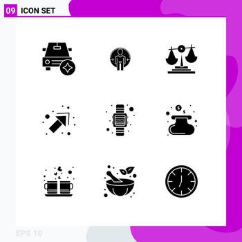 Editable Vector Line Pack of 9 Simple Solid Glyphs of time right identity up investment Editable Vector Design Elements