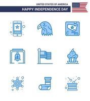 Group of 9 Blues Set for Independence day of United States of America such as american christmas bell usa bell world Editable USA Day Vector Design Elements