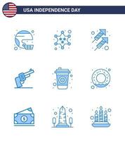 Group of 9 Blues Set for Independence day of United States of America such as american hand police gun firework Editable USA Day Vector Design Elements