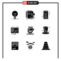 9 Thematic Vector Solid Glyphs and Editable Symbols of cup content presentation blogging phone Editable Vector Design Elements
