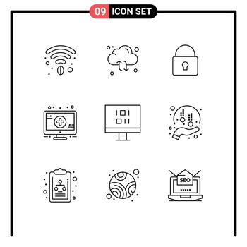 conjunto de esquema de interfaz móvil de 9 pictogramas de signos de bloqueo de computadora de sincronización elementos de diseño de vectores editables médicos