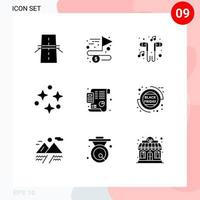 Set of 9 Commercial Solid Glyphs pack for stars sky goal nature smartphone Editable Vector Design Elements