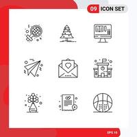 Pack of 9 Modern Outlines Signs and Symbols for Web Print Media such as mail love monitor heart plane Editable Vector Design Elements