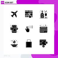 Pack of 9 Modern Solid Glyphs Signs and Symbols for Web Print Media such as gesture map celebration life mobile Editable Vector Design Elements