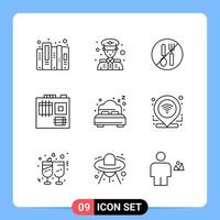 9 Line Black Icon Pack Outline Symbols for Mobile Apps isolated on white background 9 Icons Set vector