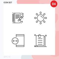 Mobile Interface Line Set of 4 Pictograms of book develop brightness shine device Editable Vector Design Elements