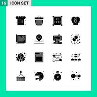 Set of 16 Vector Solid Glyphs on Grid for history setting cart mind brain Editable Vector Design Elements