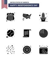 Happy Independence Day Pack of 9 Solid Glyphs Signs and Symbols for american file flower united baseball Editable USA Day Vector Design Elements