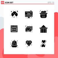 9 User Interface Solid Glyph Pack of modern Signs and Symbols of inbox seo money html clean Editable Vector Design Elements