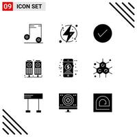 9 Universal Solid Glyph Signs Symbols of money speaker arrow sound tick Editable Vector Design Elements