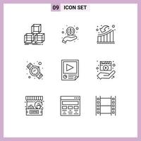 Set of 9 Modern UI Icons Symbols Signs for paper data down watch digital Editable Vector Design Elements