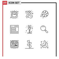 Mobile Interface Outline Set of 9 Pictograms of fountain interface soccer contact sport Editable Vector Design Elements