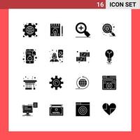 Group of 16 Modern Solid Glyphs Set for smartphone mobile magnifier virus find Editable Vector Design Elements