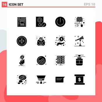 conjunto de glifos sólidos de interfaz móvil de 16 pictogramas de elementos de diseño vectorial editables de poder de aprendizaje a distancia de botón de libro electrónico helado vector