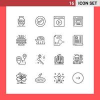 Outline Pack of 16 Universal Symbols of cake web store audio play shopping cart watch video Editable Vector Design Elements