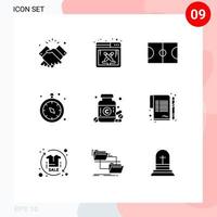 Group of 9 Modern Solid Glyphs Set for drug travel work navigation compass Editable Vector Design Elements