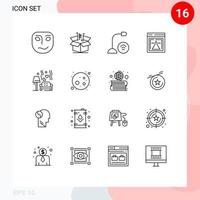 paquete de 16 signos y símbolos de contornos modernos para medios de impresión web, como elementos de diseño de vectores editables de hardware de matraz de marketing de laboratorio web