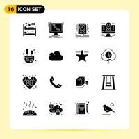 Pack of 16 Modern Solid Glyphs Signs and Symbols for Web Print Media such as pin location sequencer computer storage Editable Vector Design Elements