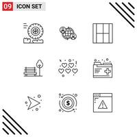 Pictogram Set of 9 Simple Outlines of hearts park create chair layout Editable Vector Design Elements