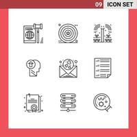 Group of 9 Outlines Signs and Symbols for mind human shield head plant Editable Vector Design Elements