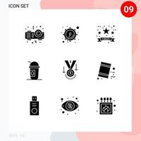 Pictogram Set of 9 Simple Solid Glyphs of winner medal discount award limonade Editable Vector Design Elements