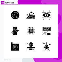 Pictogram Set of 9 Simple Solid Glyphs of chip beat tree phone vision Editable Vector Design Elements