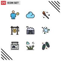 User Interface Pack of 9 Basic Filledline Flat Colors of mountains sound camping music gong Editable Vector Design Elements