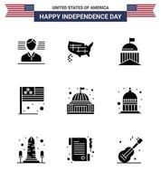 Set of 9 Modern Solid Glyphs pack on USA Independence Day building usa flag flag day Editable USA Day Vector Design Elements
