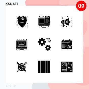 9 Universal Solid Glyph Signs Symbols of preferences configuration announce youtube play Editable Vector Design Elements