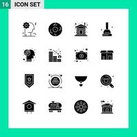 Group of 16 Solid Glyphs Signs and Symbols for investment currency wood brain plunger Editable Vector Design Elements