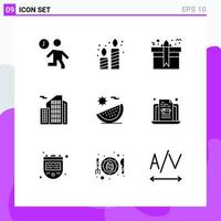 Set of 9 Commercial Solid Glyphs pack for office estate party building present Editable Vector Design Elements