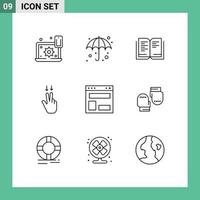 User Interface Pack of 9 Basic Outlines of web layout blog layout wet down fingers Editable Vector Design Elements